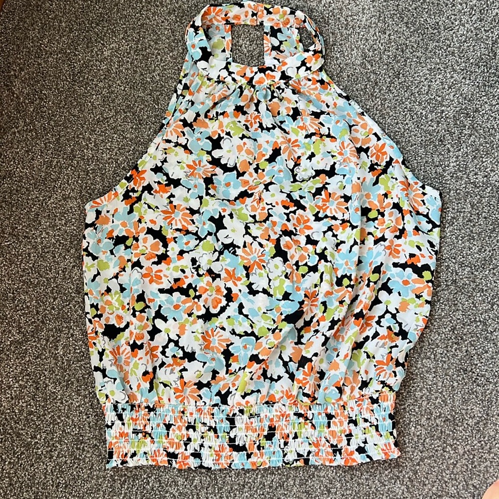 Sienna Sky Blouse Halter Sleeveless Black White Orange Light Blue Floral Size S